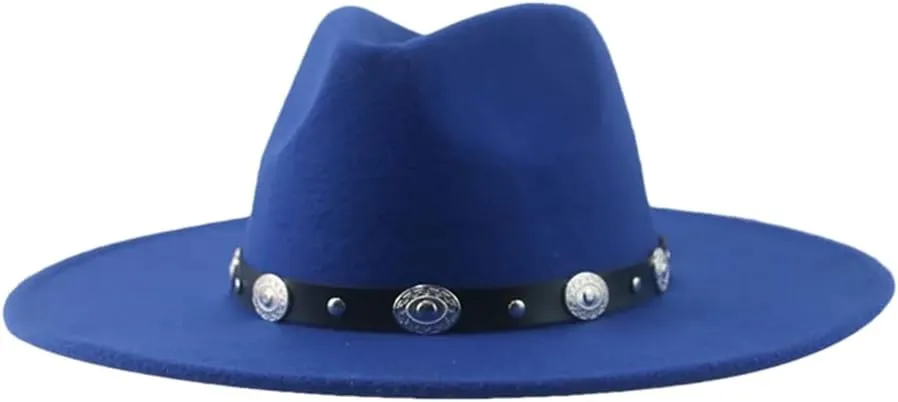 Fedoras Hats for Women Panama Wide Brim Big Size Belt Casual Formal Men Caps Sombreros Blue 56-58cm(Adults)