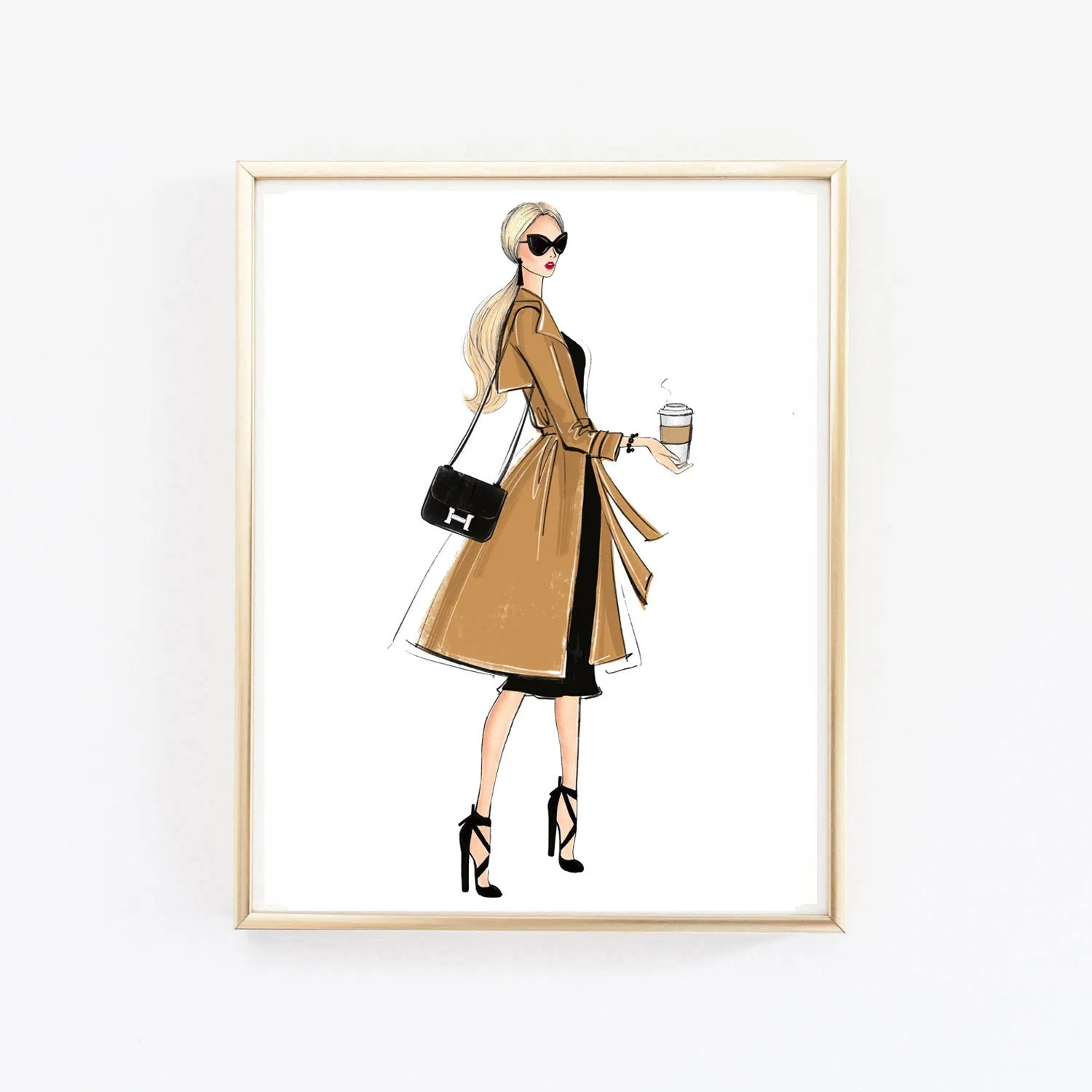 Girl in elegant trench coat with coffee art print fashion illustration