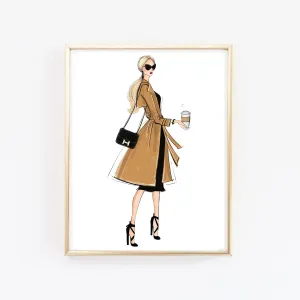 Girl in elegant trench coat with coffee art print fashion illustration
