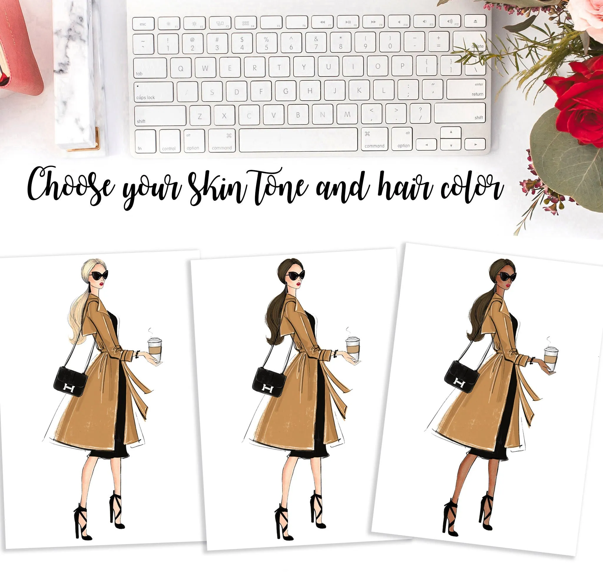 Girl in elegant trench coat with coffee art print fashion illustration