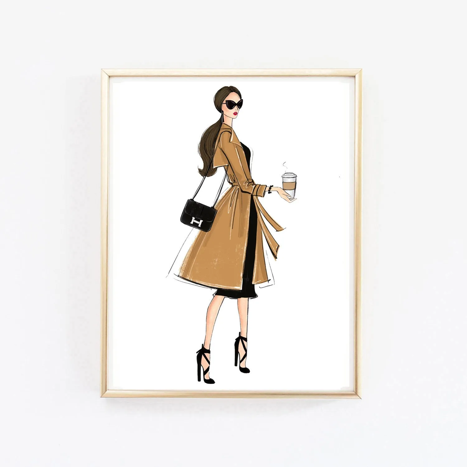 Girl in elegant trench coat with coffee art print fashion illustration