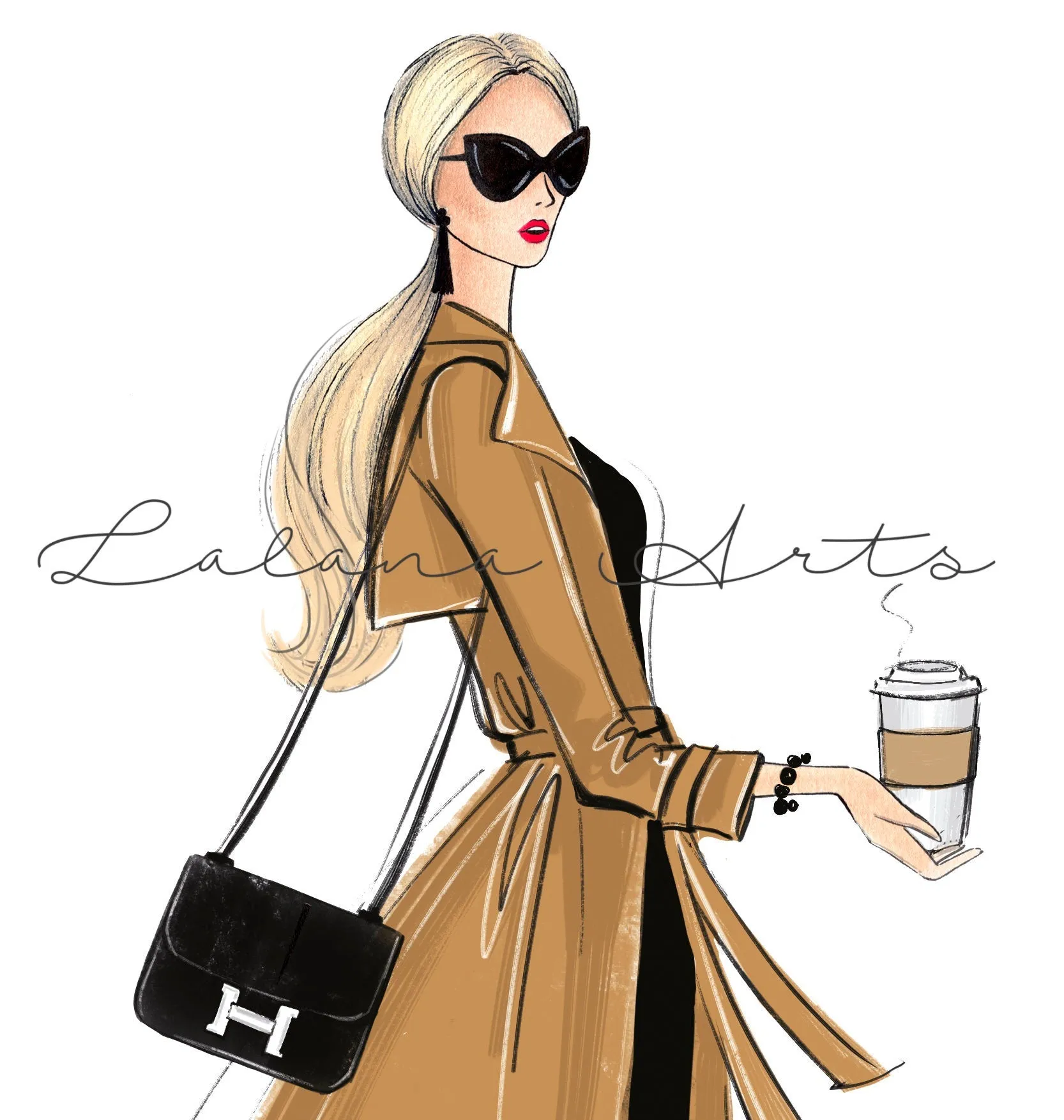 Girl in elegant trench coat with coffee art print fashion illustration