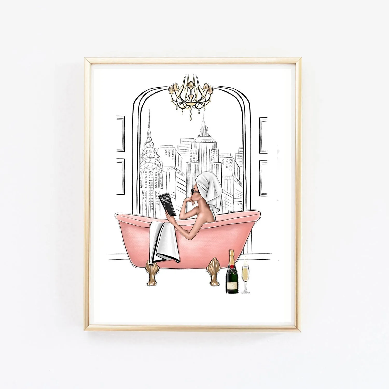 Girl in fancy bathroom in New York or Paris art print fashion illustration