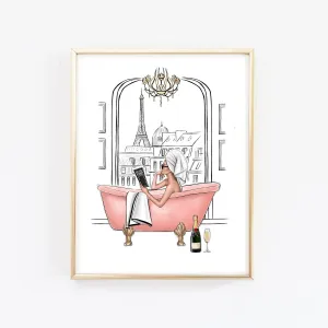 Girl in fancy bathroom in New York or Paris art print fashion illustration
