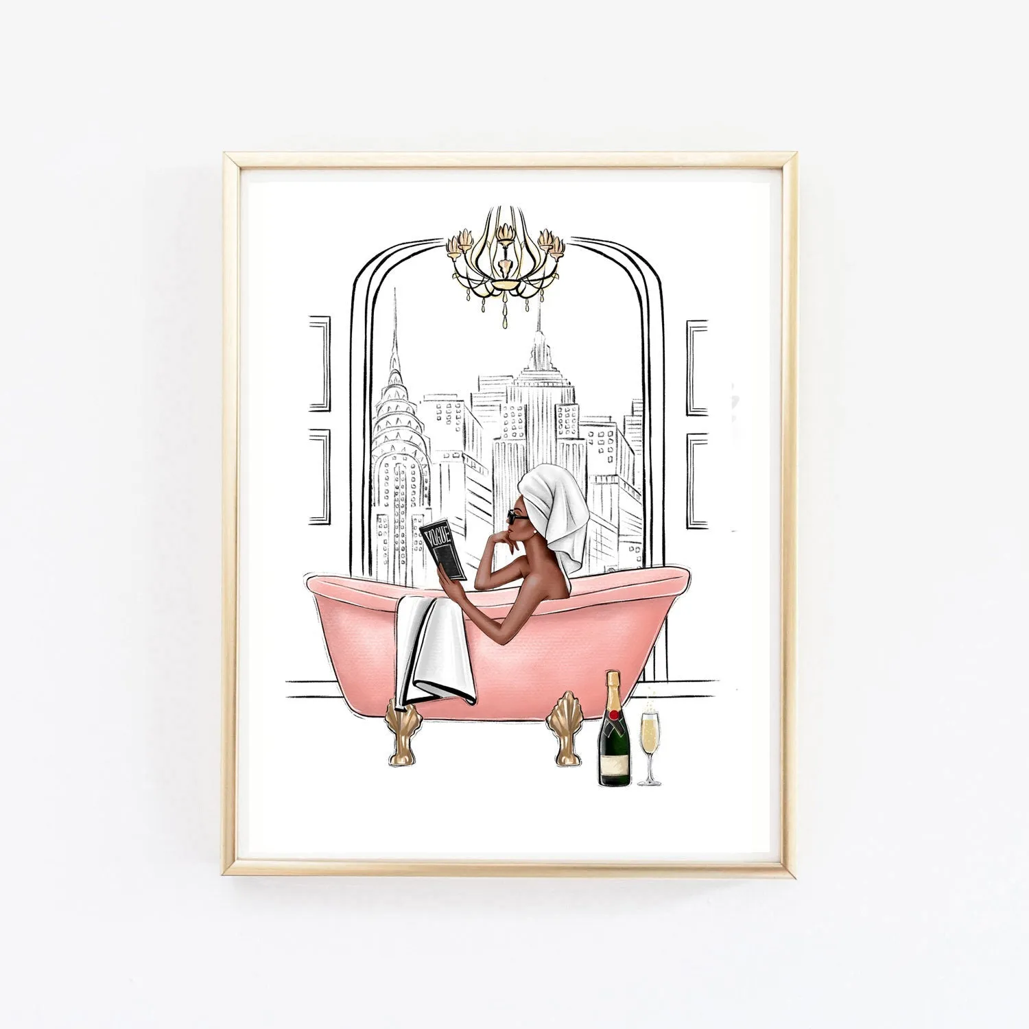 Girl in fancy bathroom in New York or Paris art print fashion illustration