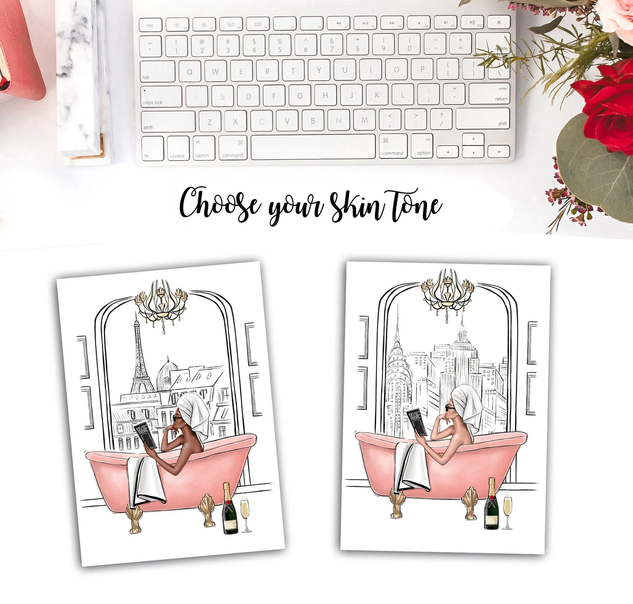 Girl in fancy bathroom in New York or Paris art print fashion illustration