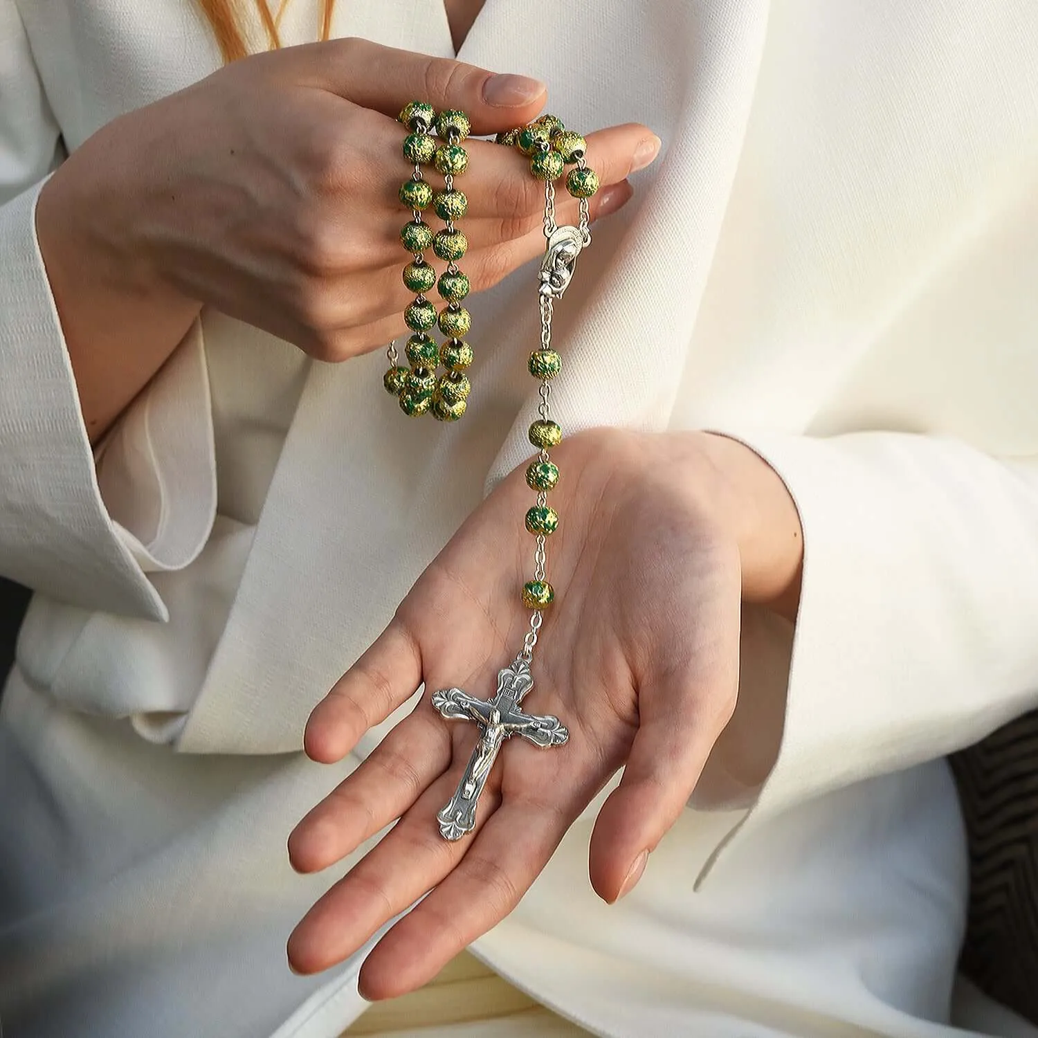 GREEN AND GOLD ROSARY - GLASS AND METAL