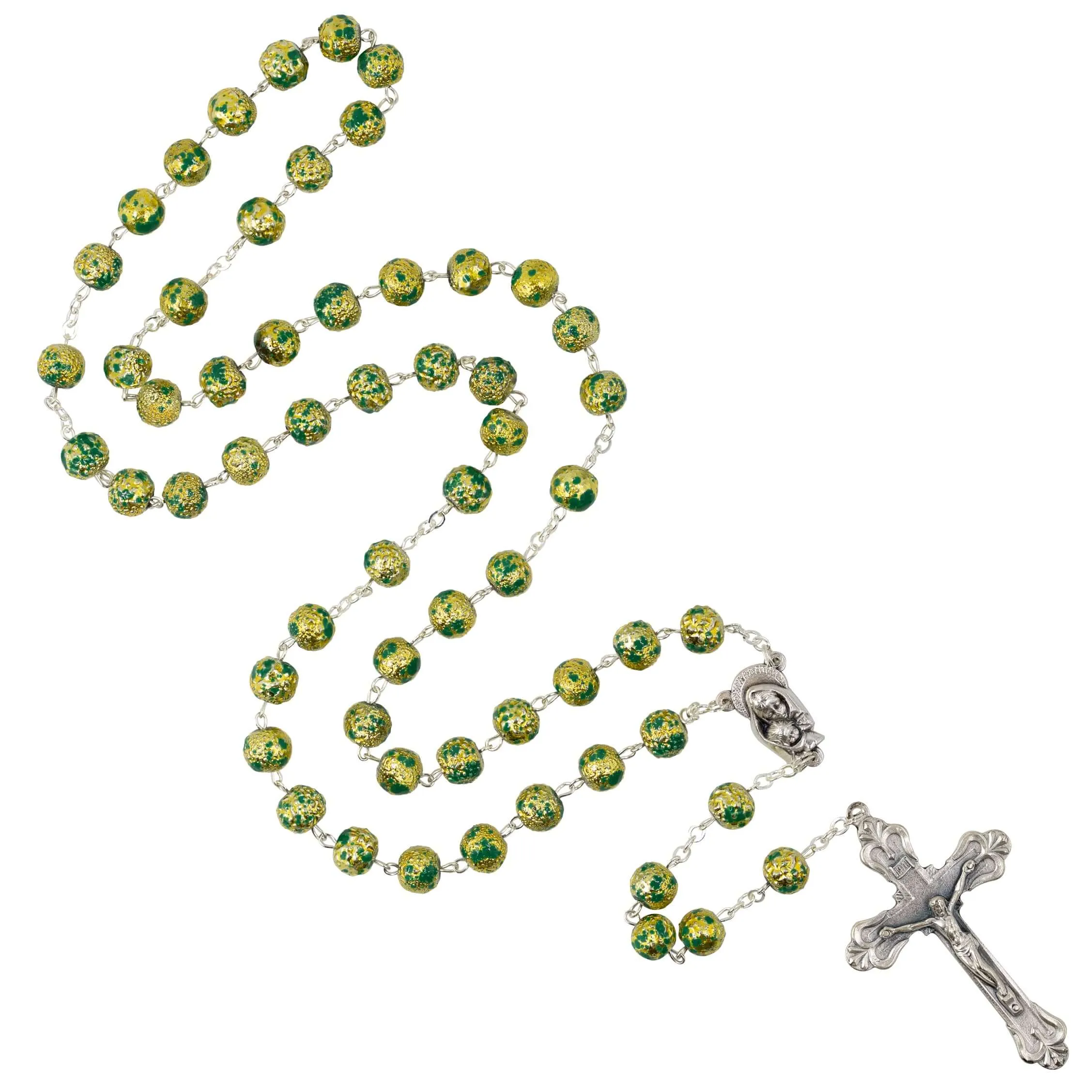 GREEN AND GOLD ROSARY - GLASS AND METAL
