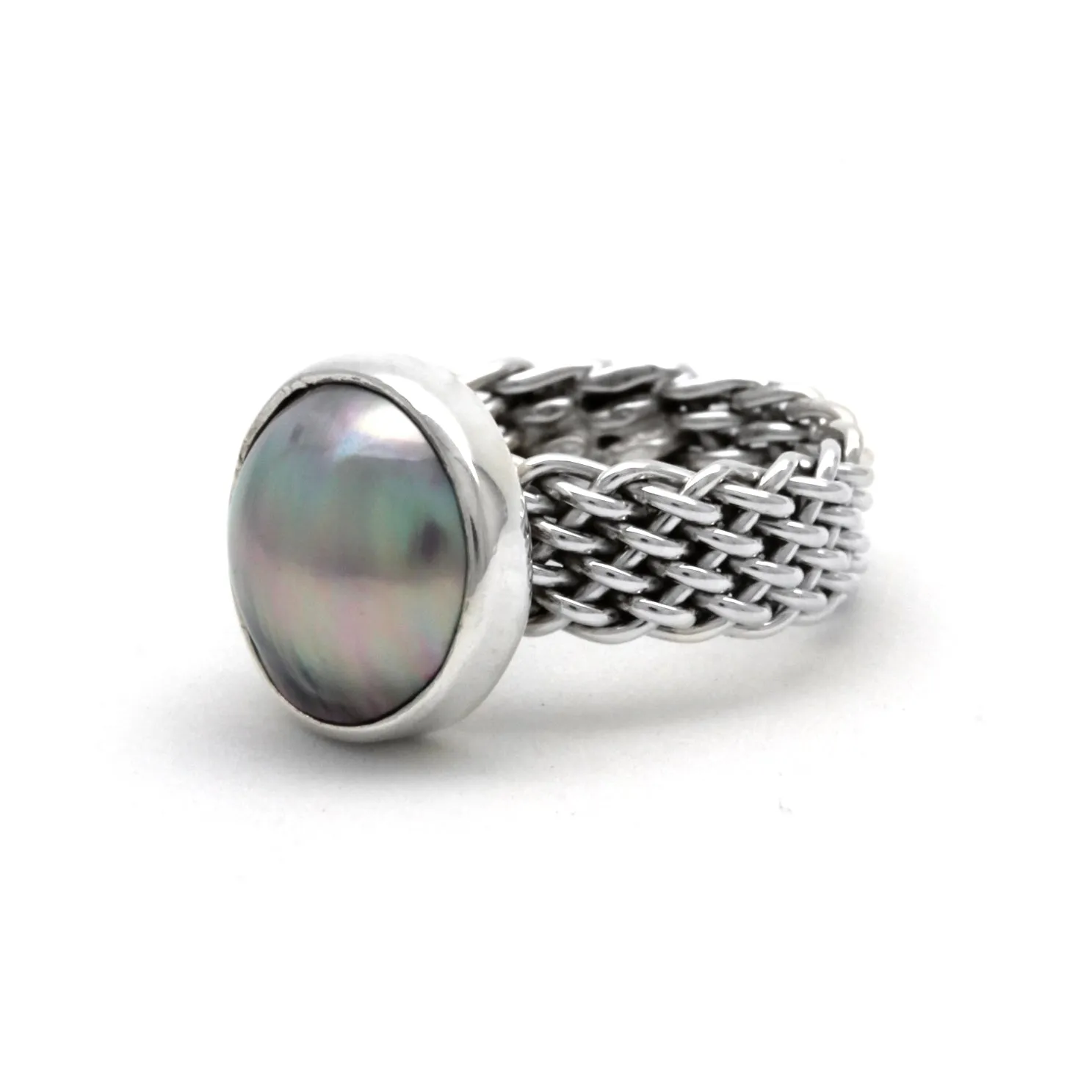 Iridescent Cortez Mabe Pearl on Silver Ring size 7