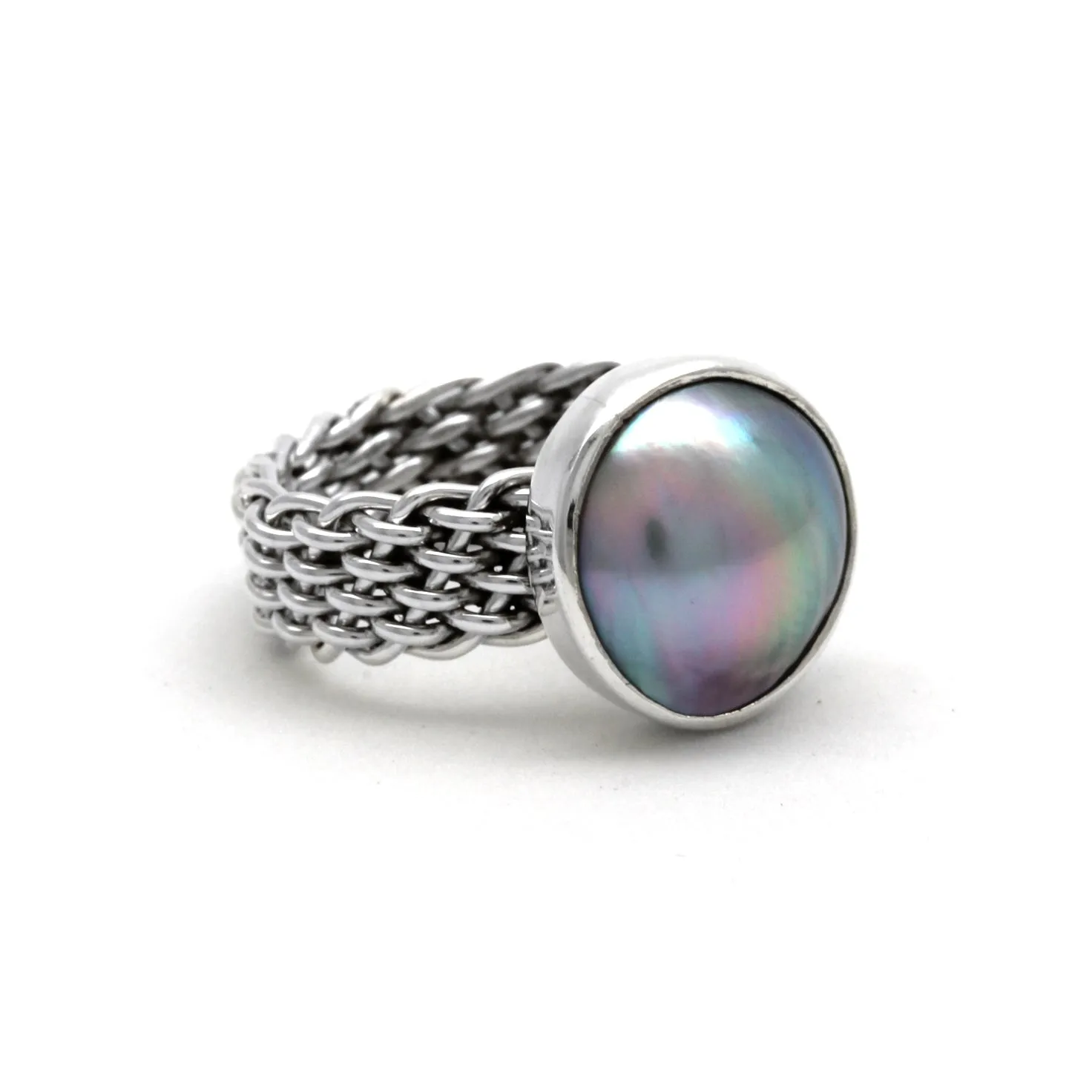 Iridescent Cortez Mabe Pearl on Silver Ring size 7
