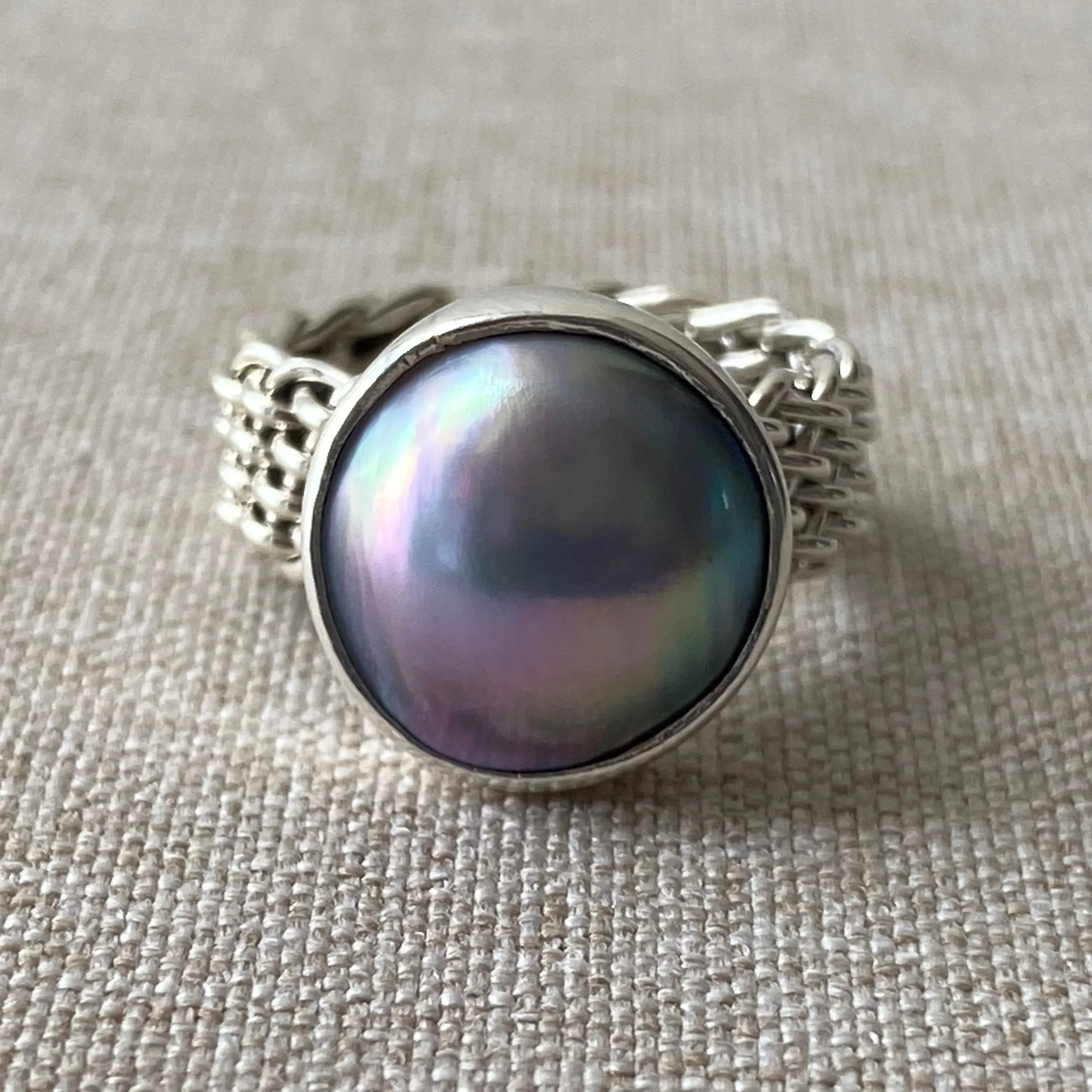 Iridescent Cortez Mabe Pearl on Silver Ring size 7