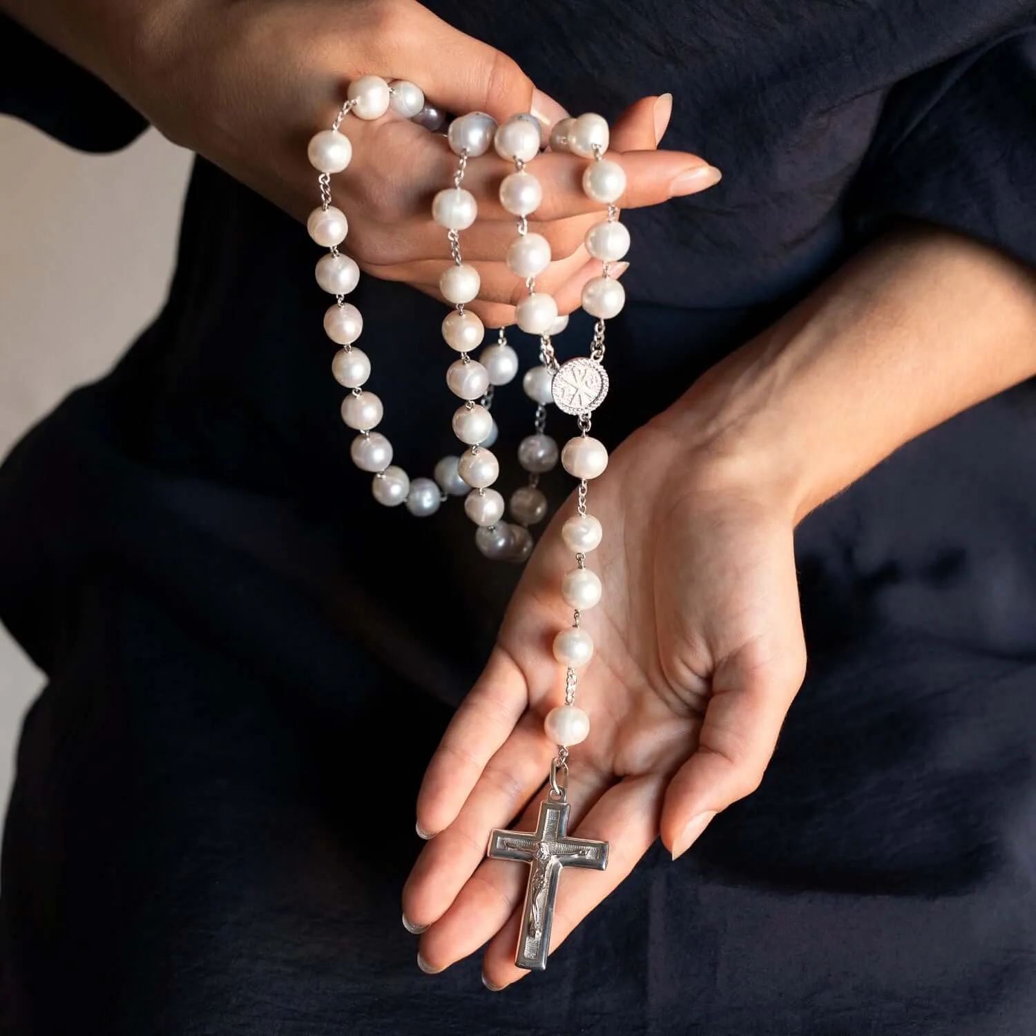 LARGE PEARL BEADS ROSARY - SILVER