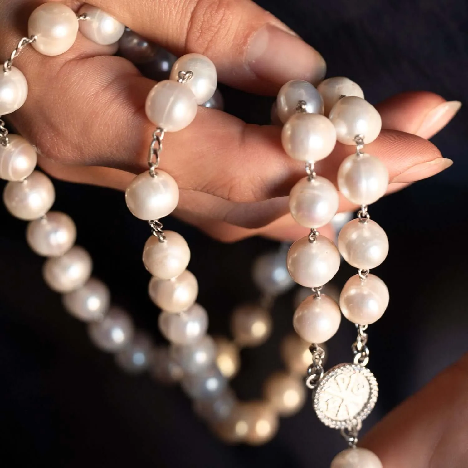 LARGE PEARL BEADS ROSARY - SILVER