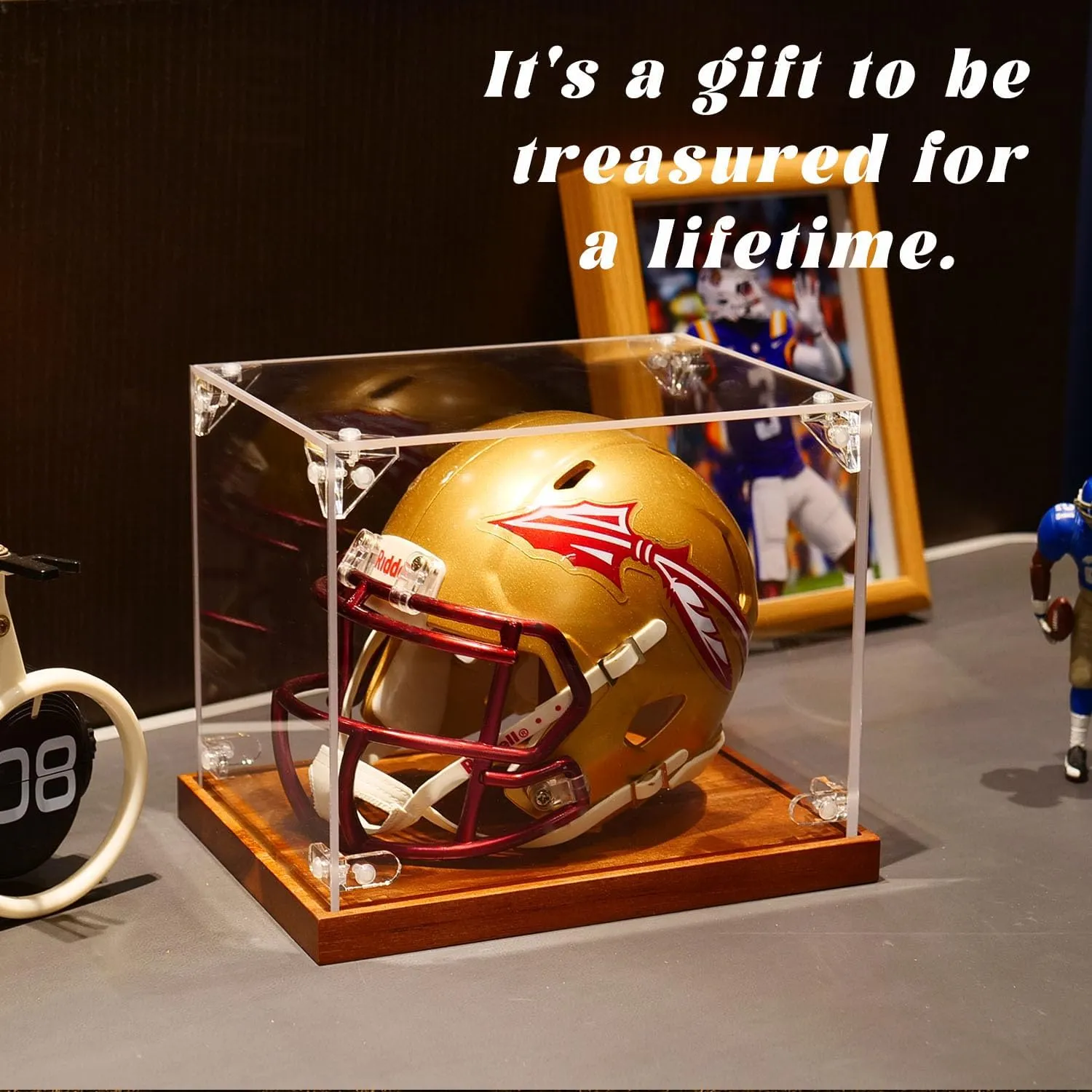Mini Helmet Display Case with Solid Wooden Base Durable Football Helmet Display Case for Collectors, Ideal Storage, Self-Assembly