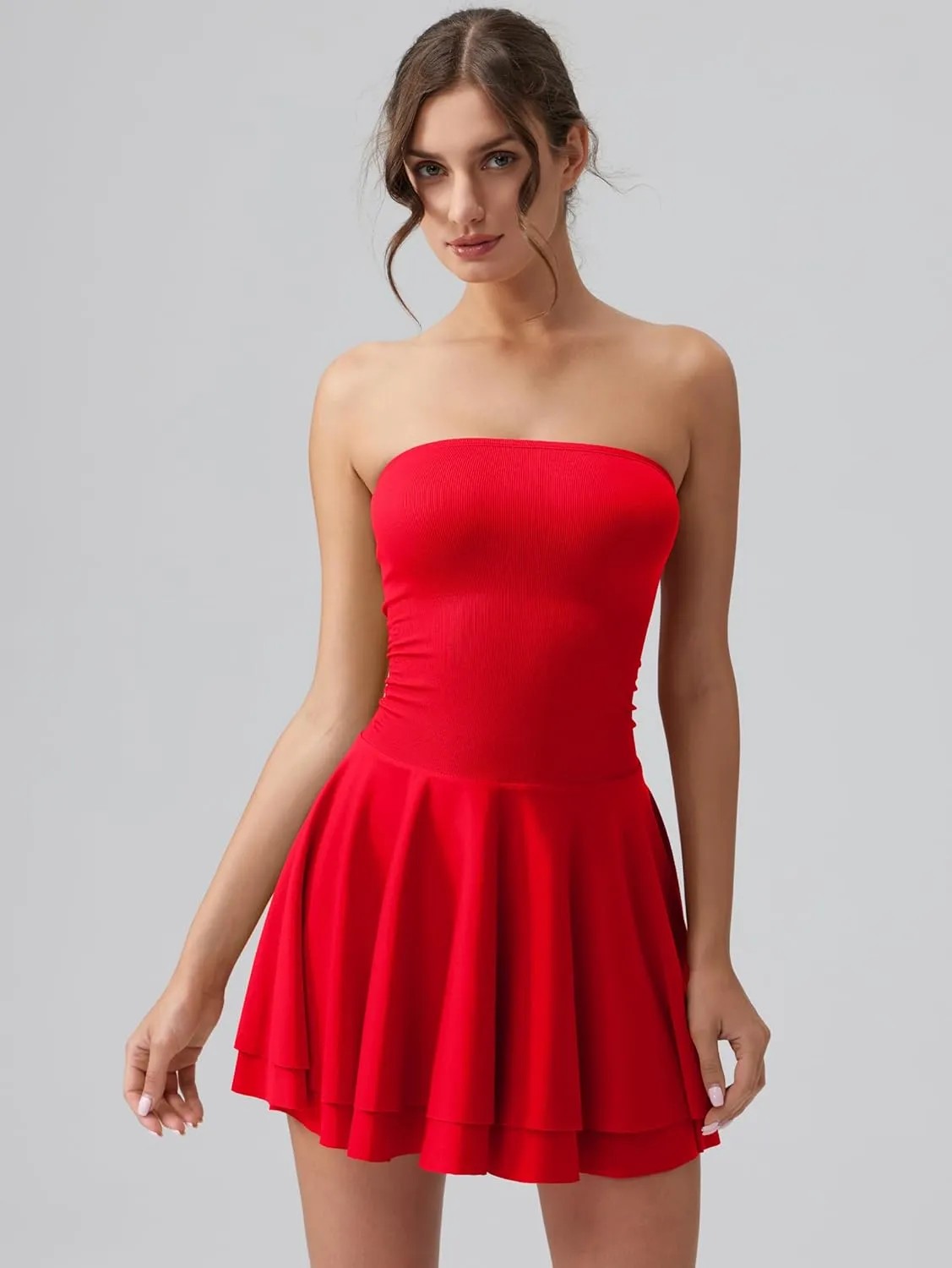 OQQ Women's Mini Dress Summer Cocktail Tube Ruched Waist Ruffle Corset Party A-line Dresses