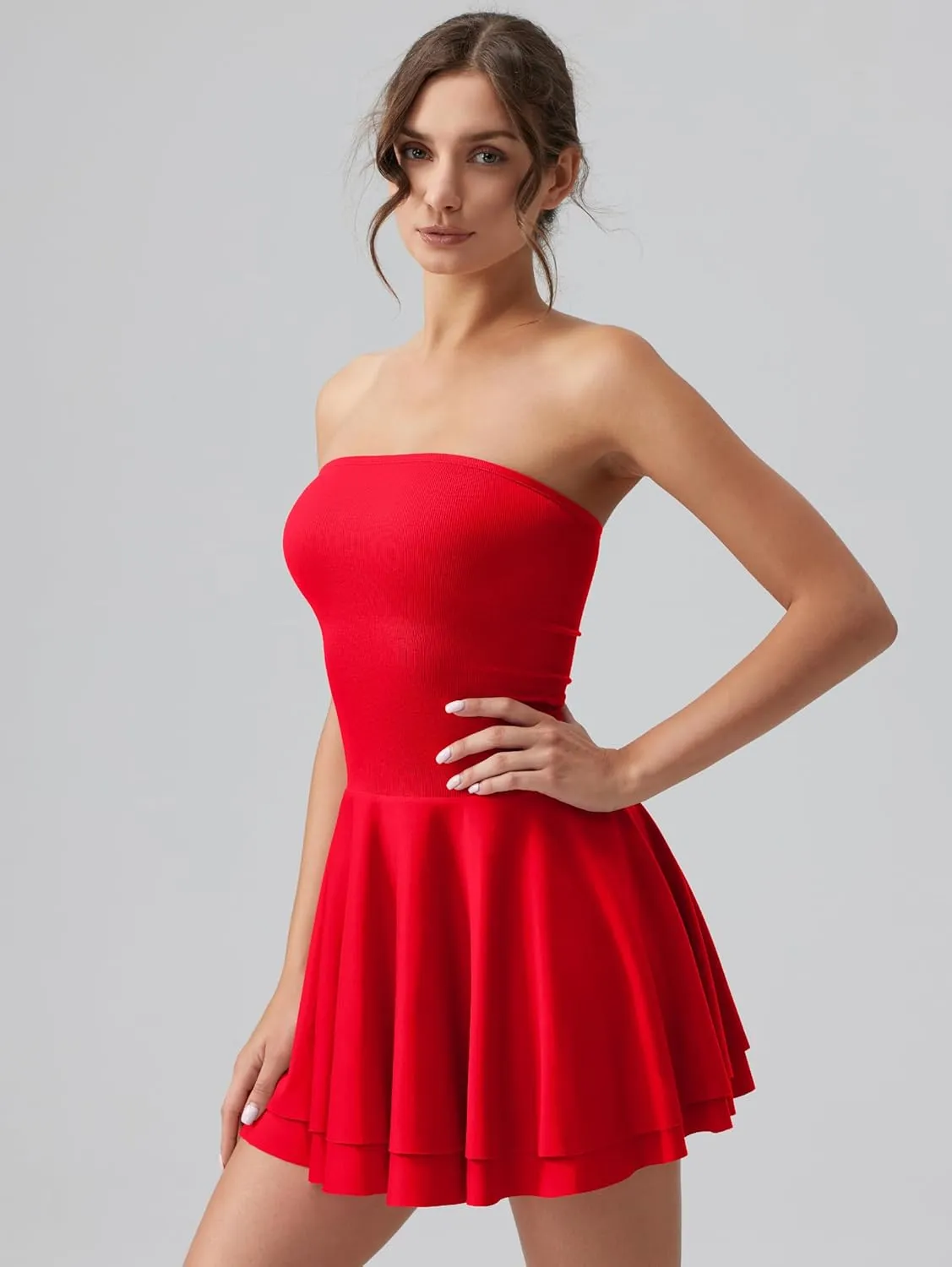 OQQ Women's Mini Dress Summer Cocktail Tube Ruched Waist Ruffle Corset Party A-line Dresses