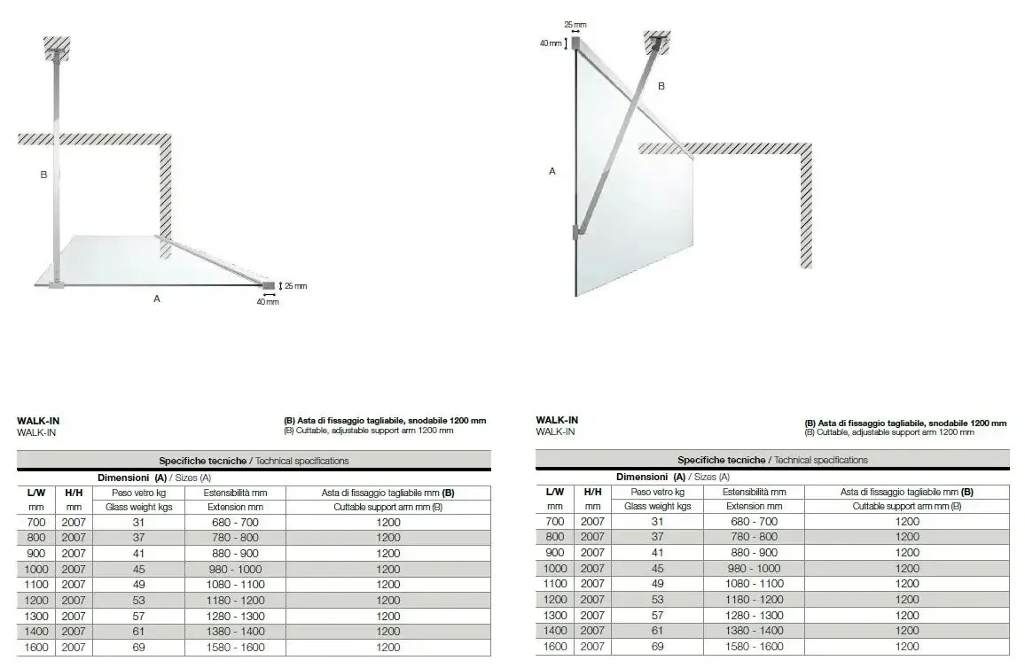 Parete Walk In H200 Anticalcare 8mm Trasparente Profili Oro