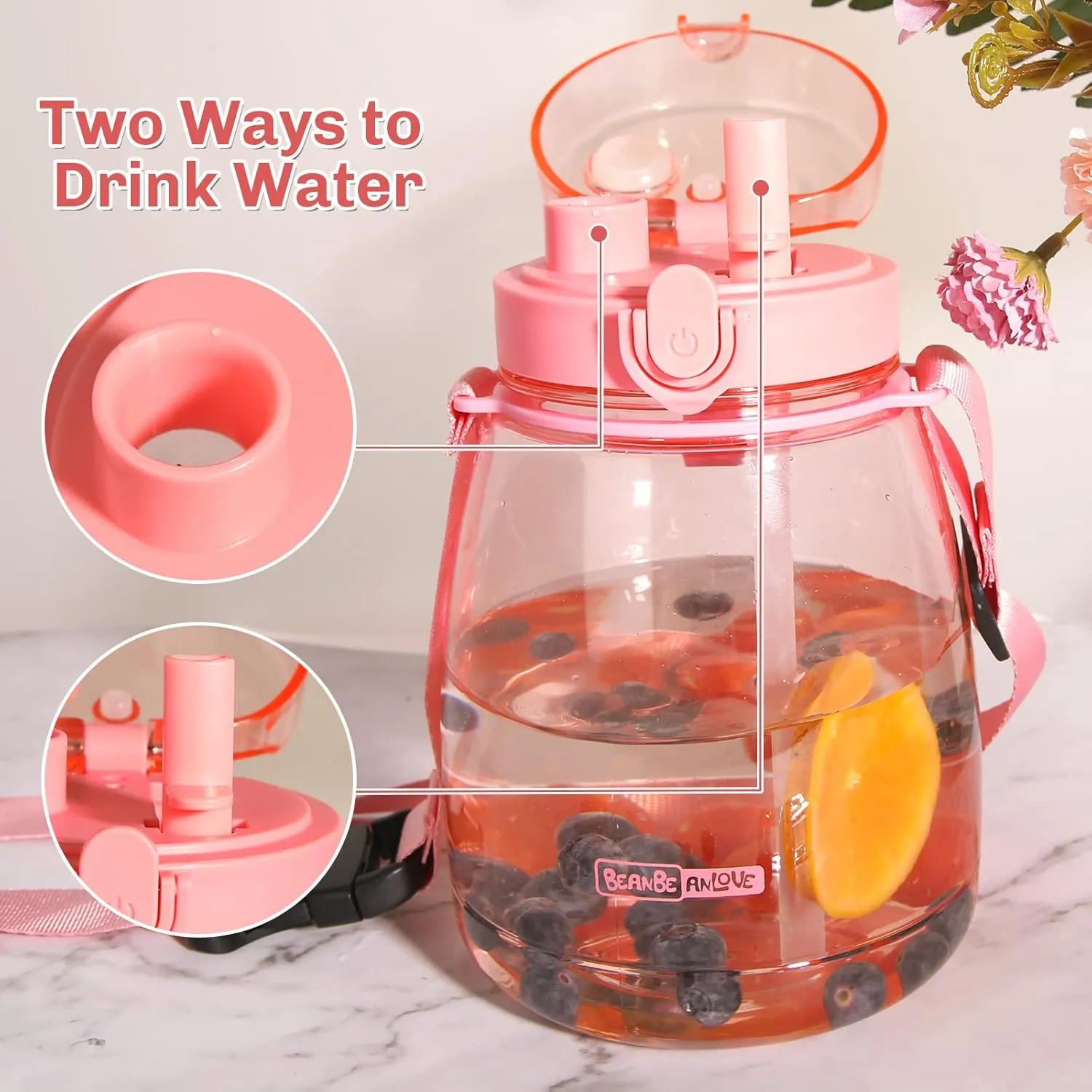 Pink Cute Water Bottles, Upgrade 45oz Water Bottles, Photo Artifact with Shoulder Strap, Suitable for Travel