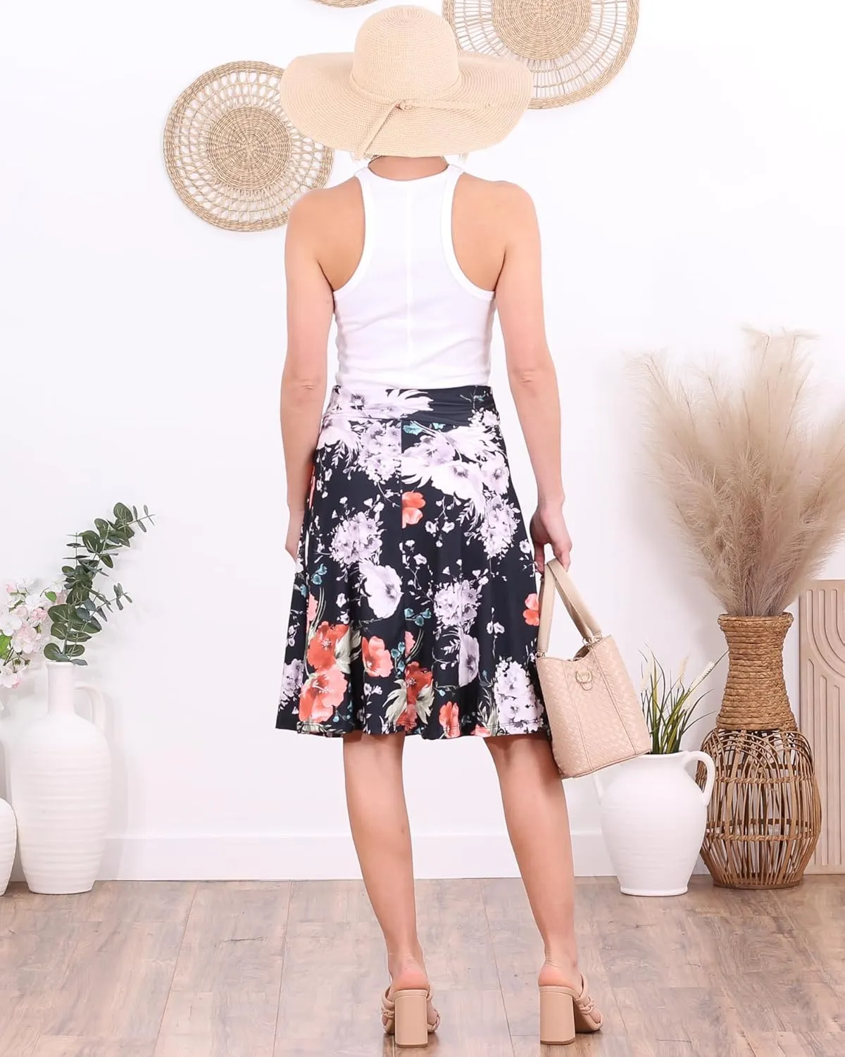 Popana Womens Casual Knee Length A-Line Stretch Midi Skirt Plus Size
