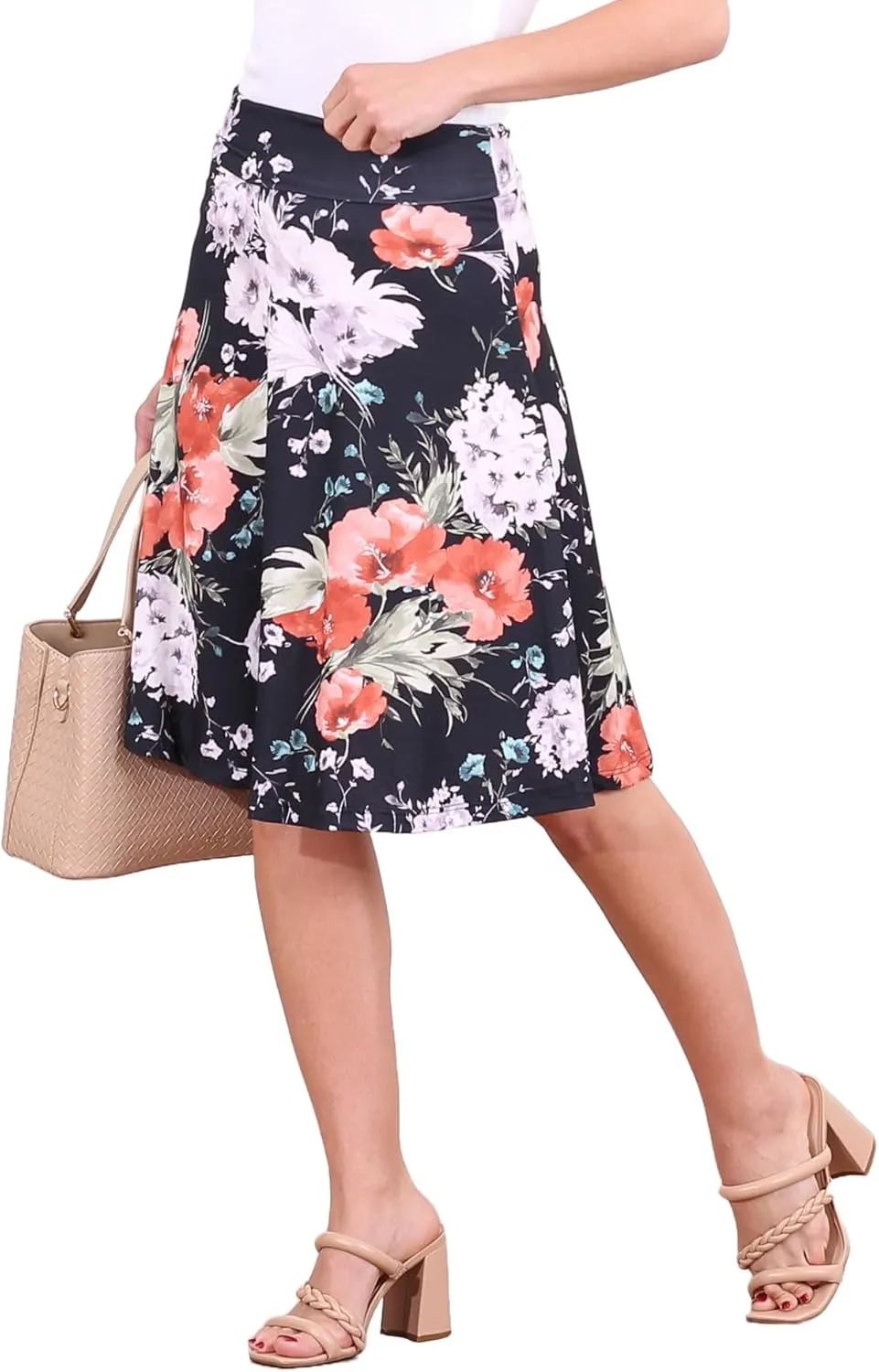 Popana Womens Casual Knee Length A-Line Stretch Midi Skirt Plus Size