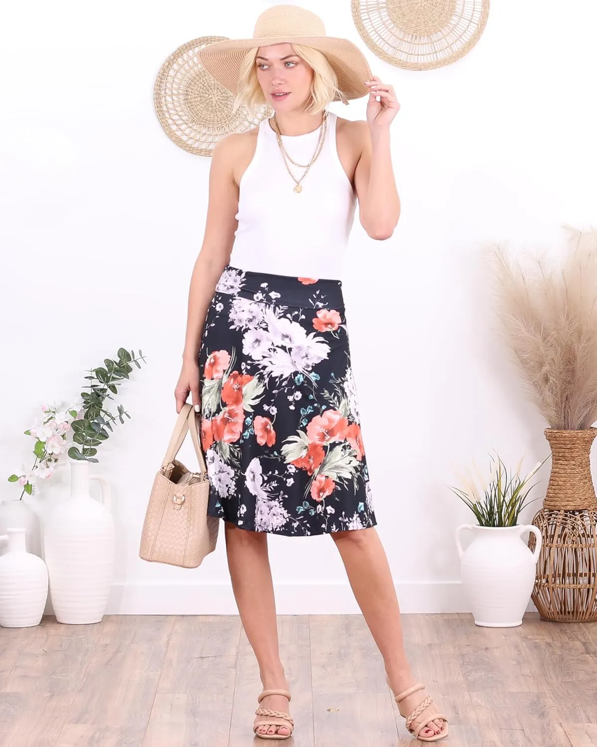 Popana Womens Casual Knee Length A-Line Stretch Midi Skirt Plus Size