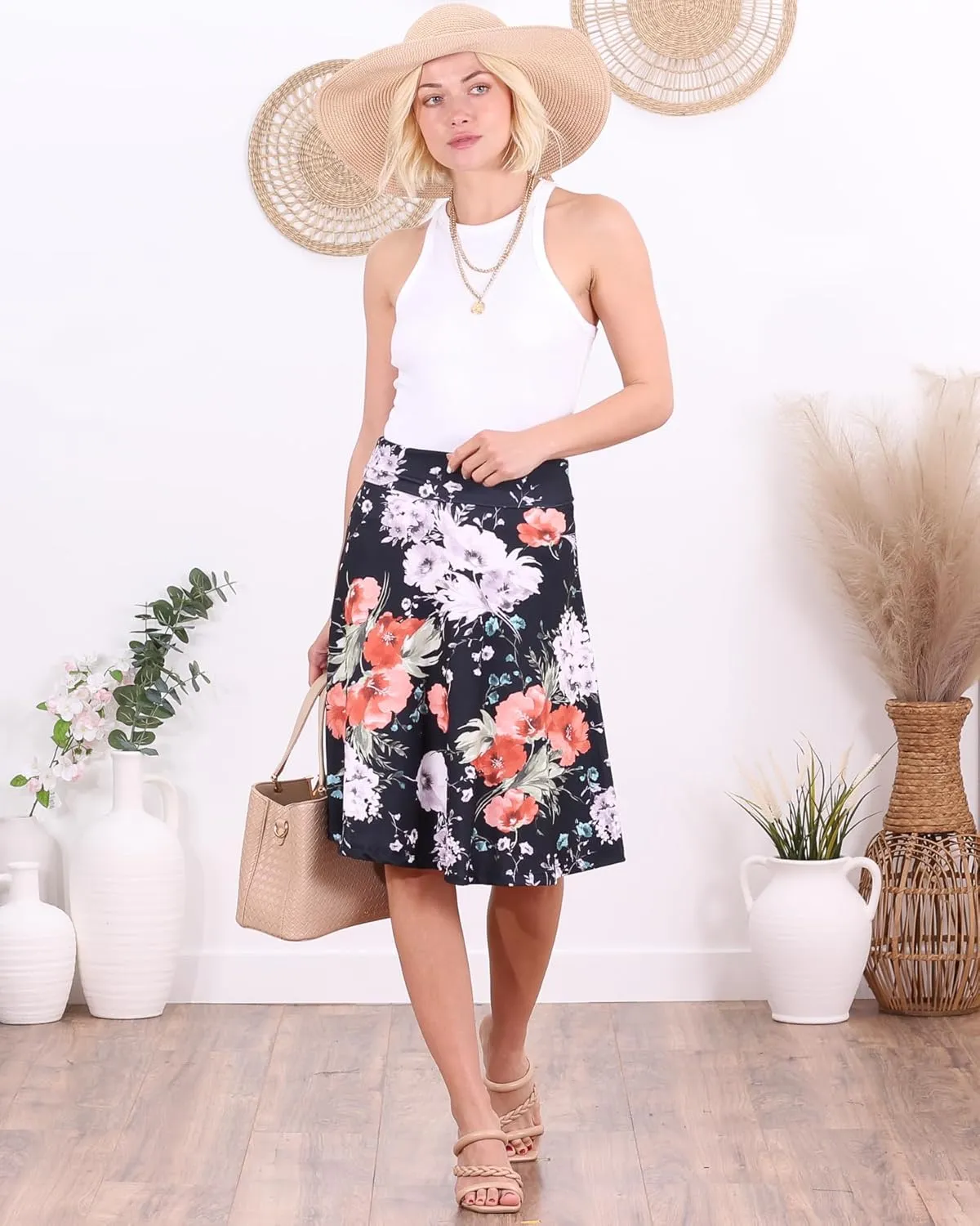 Popana Womens Casual Knee Length A-Line Stretch Midi Skirt Plus Size