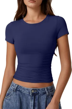 QINSEN Short Sleeve Shirts for Women Round Neck Basic Double Lined Tees Fitted Y2k Crop Tops