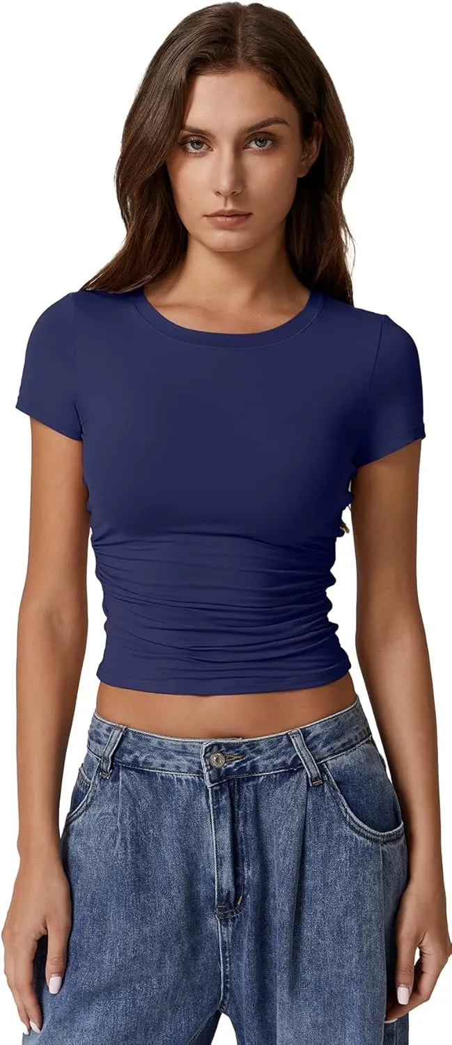 QINSEN Short Sleeve Shirts for Women Round Neck Basic Double Lined Tees Fitted Y2k Crop Tops