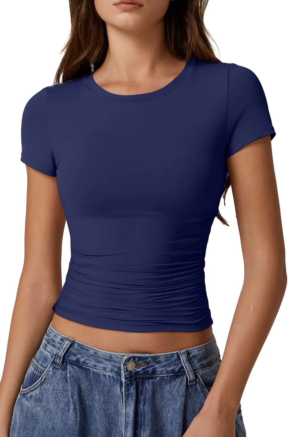 QINSEN Short Sleeve Shirts for Women Round Neck Basic Double Lined Tees Fitted Y2k Crop Tops