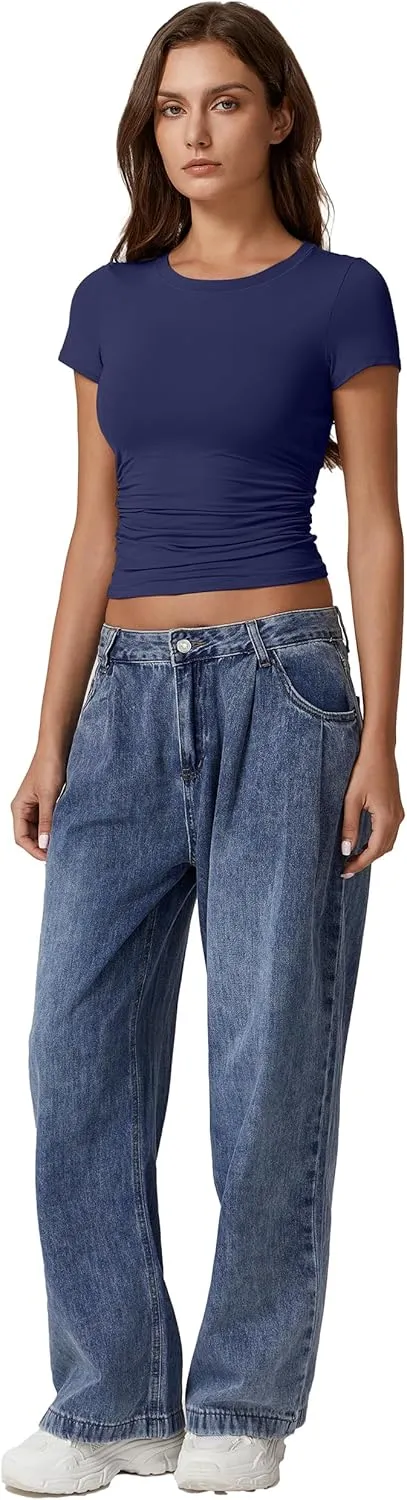 QINSEN Short Sleeve Shirts for Women Round Neck Basic Double Lined Tees Fitted Y2k Crop Tops