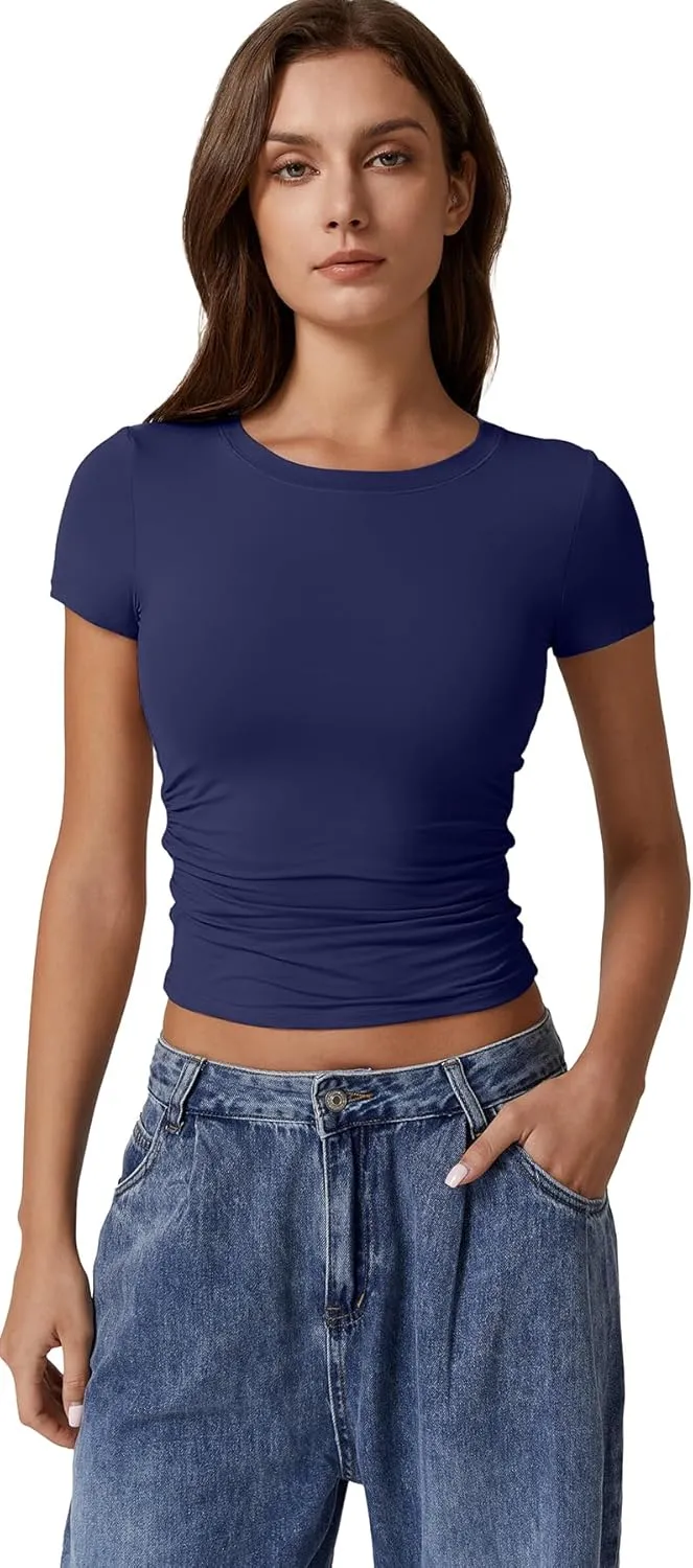 QINSEN Short Sleeve Shirts for Women Round Neck Basic Double Lined Tees Fitted Y2k Crop Tops