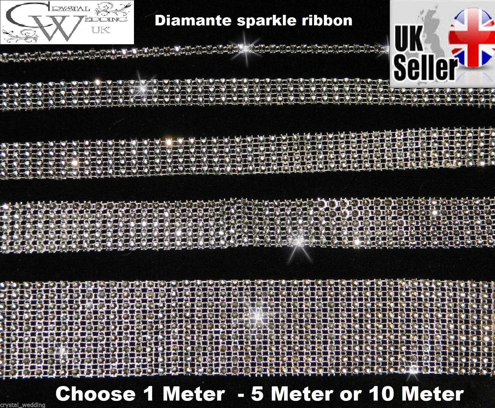 Silver Rhinestone ribbon, Diamond Mesh, Diamante Bling, Crystal trim 1 METER cake trim. by Crystal wedding uk