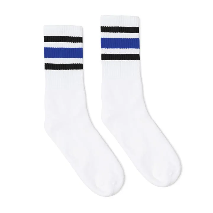 SOCCO Crew Socks - WHITE W/ BLACK AND ROYAL BLUE STRIPES