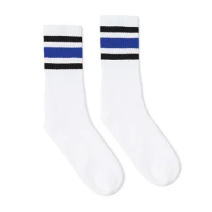 SOCCO Crew Socks - WHITE W/ BLACK AND ROYAL BLUE STRIPES