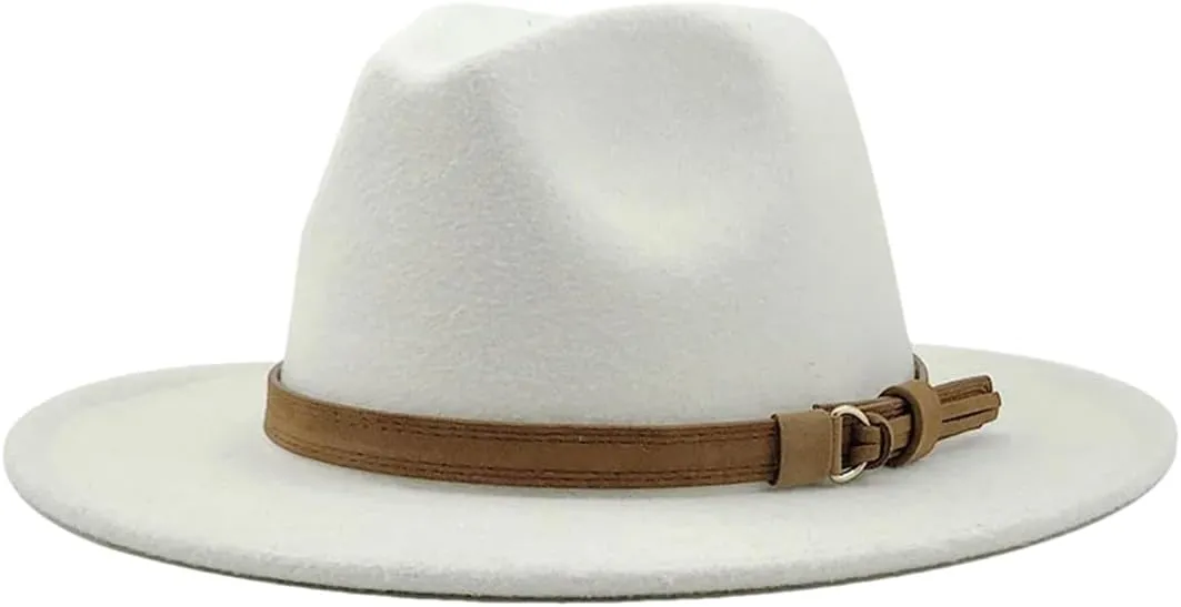 Women Men Fedora Hat with Leather Ribbon Gentleman Wide Brim Jazz Church Panama Sombrero Cap White 58-61CM, Large
