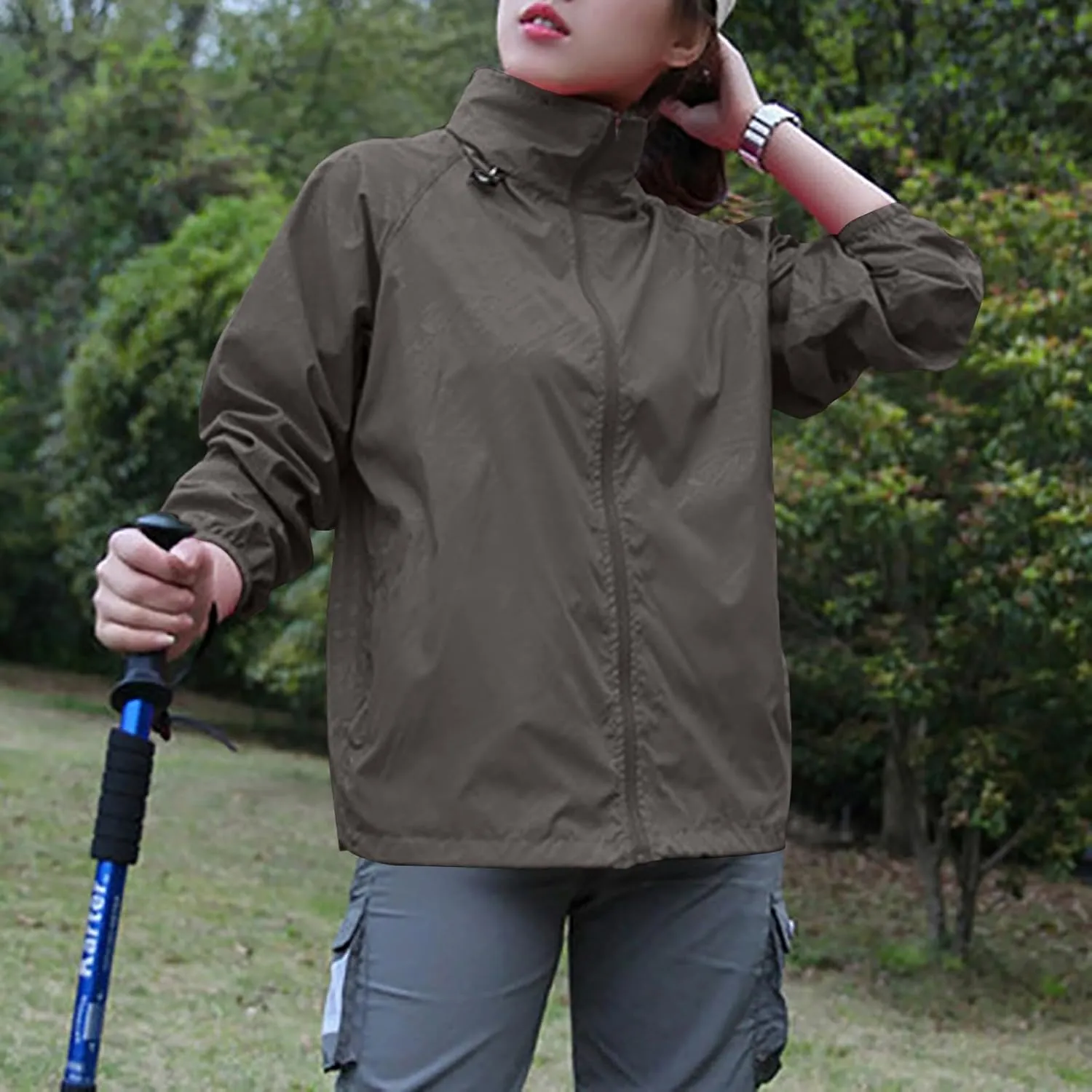 Womens Rain Jacket Outdoor Sports Windbreaker Jackets Lightweight Waterproof Raincoat Solid Color Packable Rain Coats