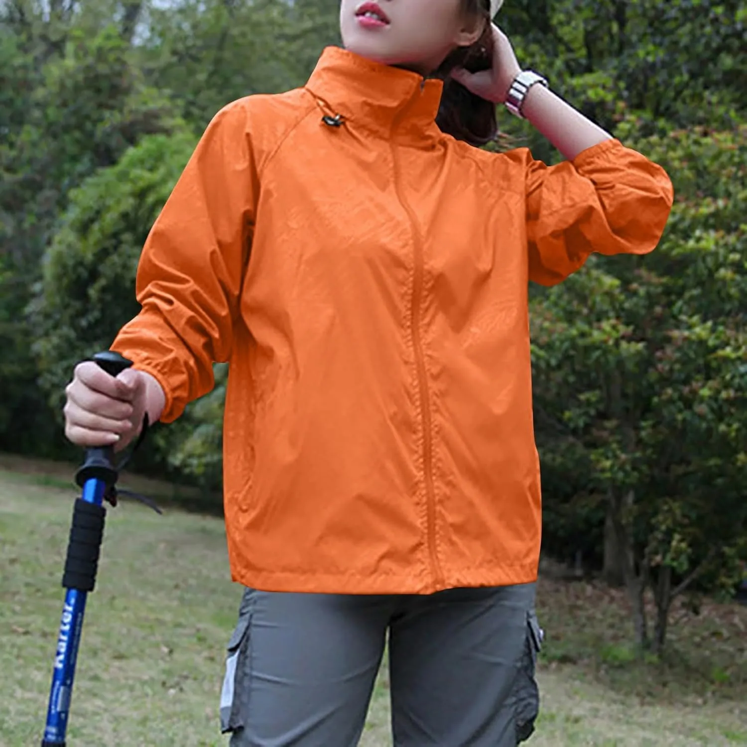 Womens Rain Jacket Outdoor Sports Windbreaker Jackets Lightweight Waterproof Raincoat Solid Color Packable Rain Coats