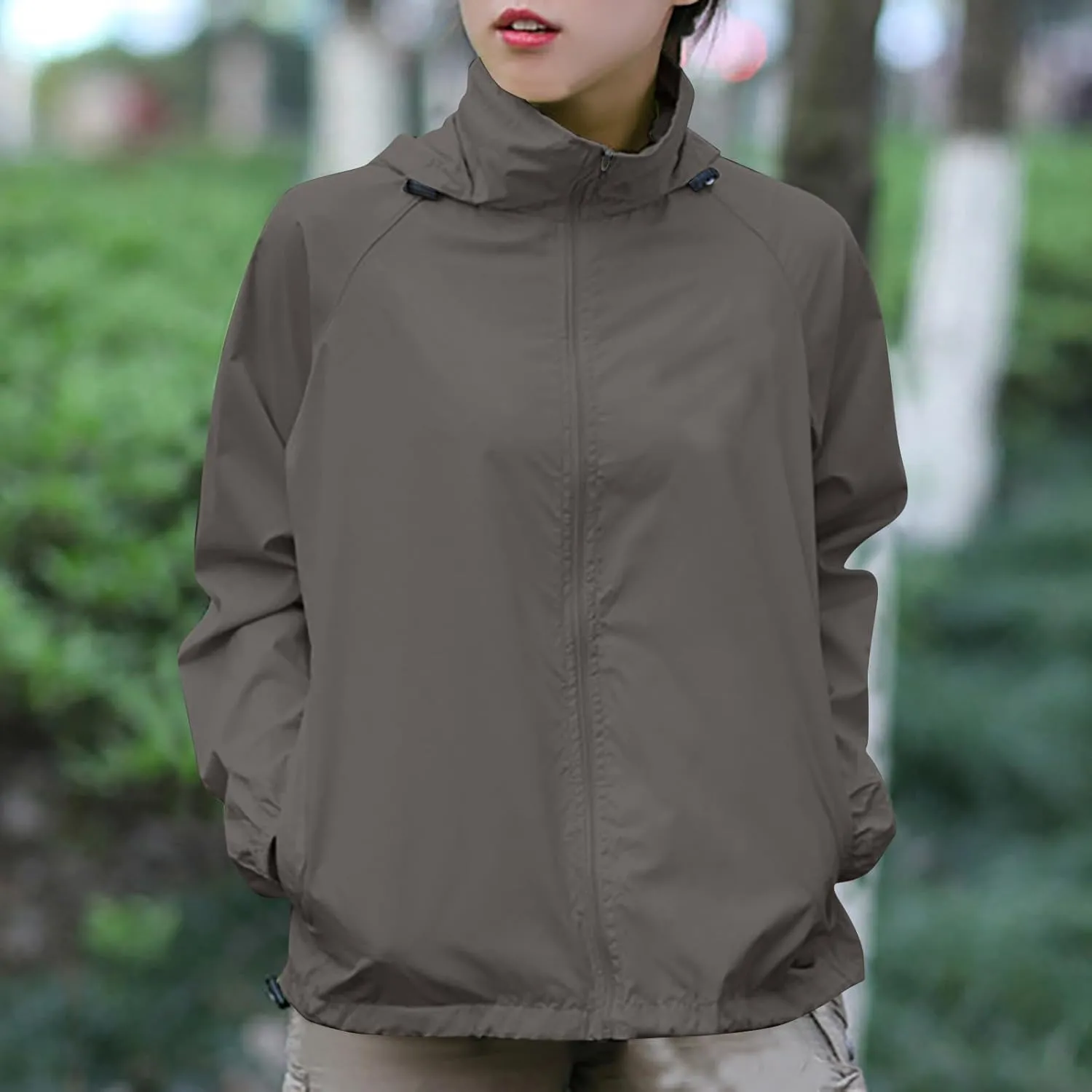 Womens Rain Jacket Outdoor Sports Windbreaker Jackets Lightweight Waterproof Raincoat Solid Color Packable Rain Coats