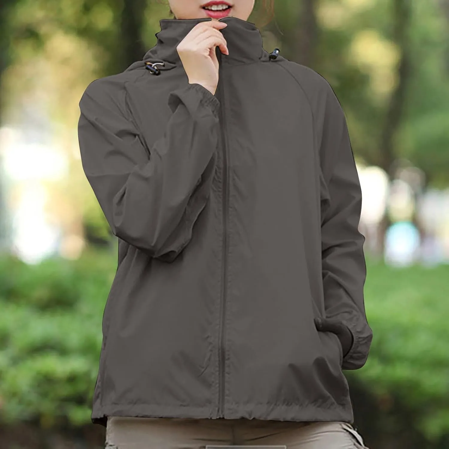 Womens Rain Jacket Outdoor Sports Windbreaker Jackets Lightweight Waterproof Raincoat Solid Color Packable Rain Coats
