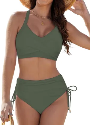 Womens Two Piece High Waisted Bikini Sets Crisscross Tie Back Bathing Suit Drawstring Tummy Control Swimsuits