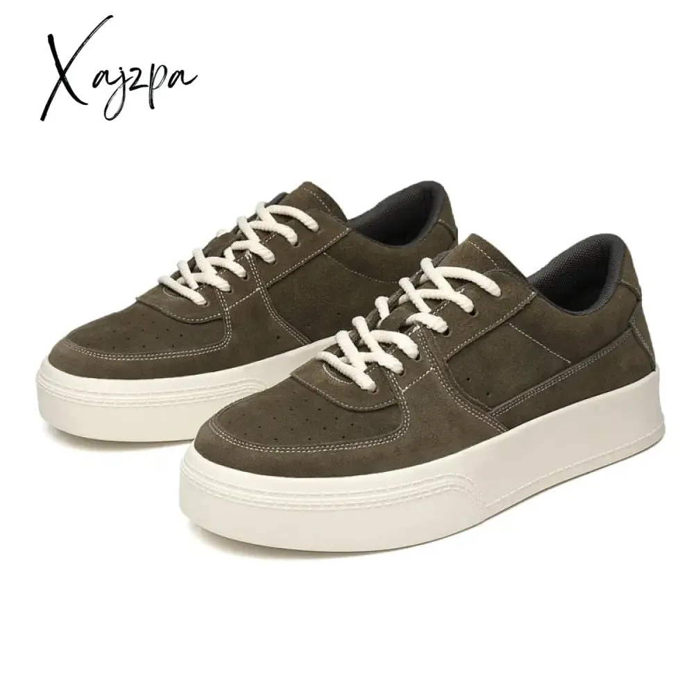Xajzpa - New Vulcanize Shoes for Men Cow Suede Handmade Lace-up Casual Shoes Canvas Skateboard Shoes Men Zapatillas Verdes Hombre